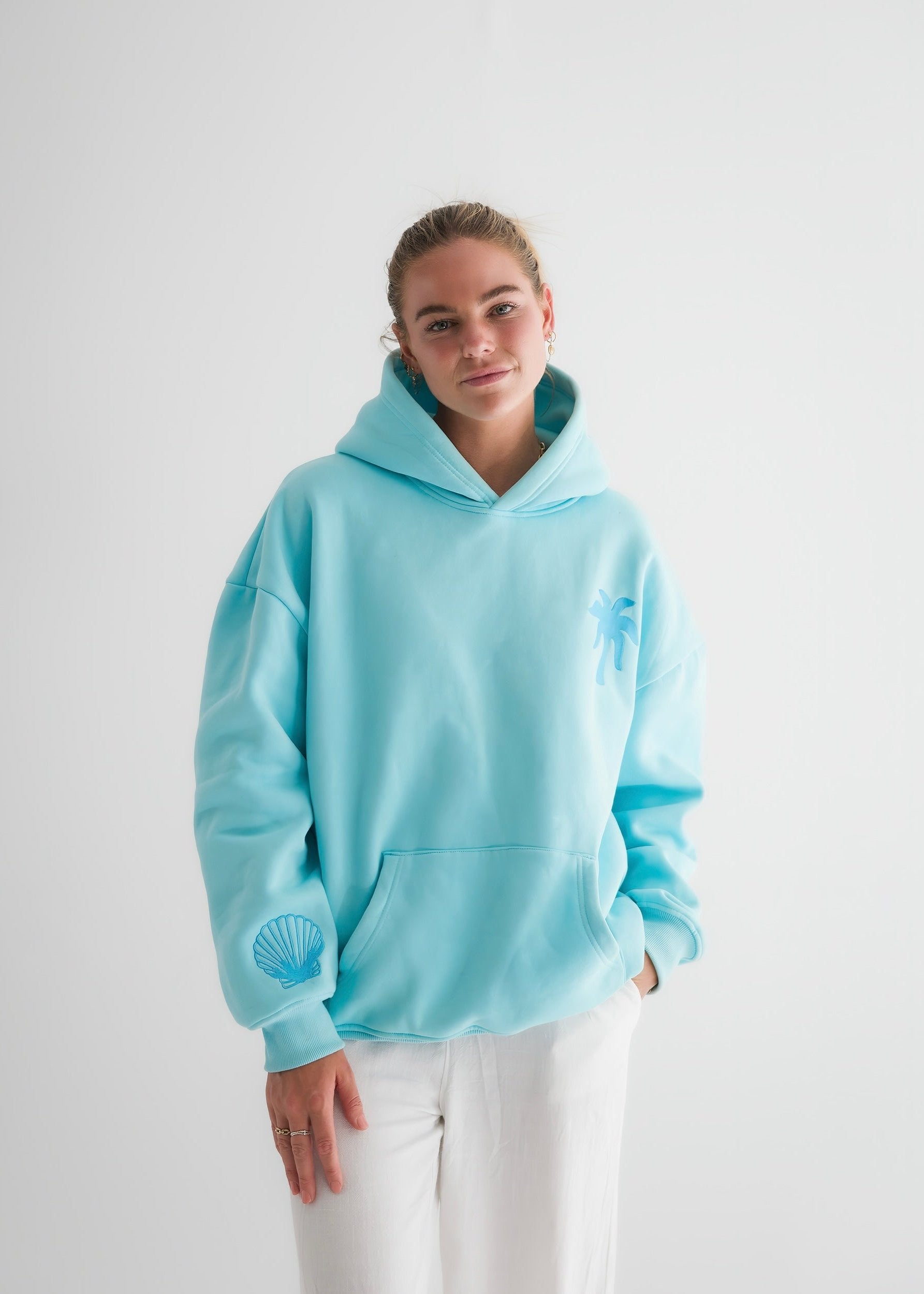 Azure Pink Palm Puff Hawaii Hibiscus Women Hoodie | P-59348209