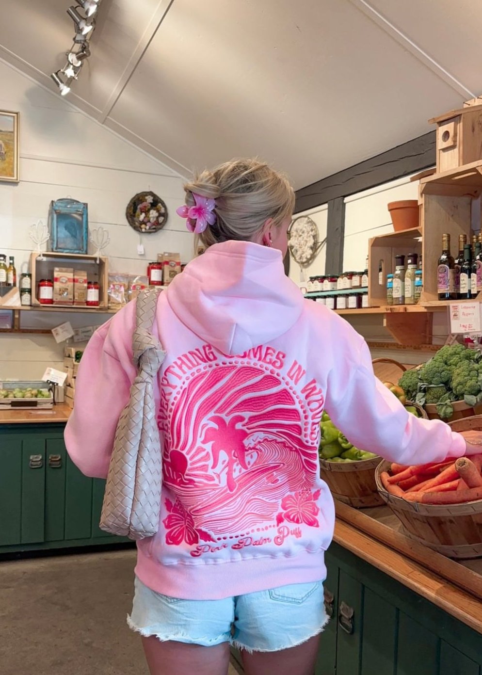 Pink Pink Palm Puff Everything Comes in Waves Women Hoodie | P-84936529