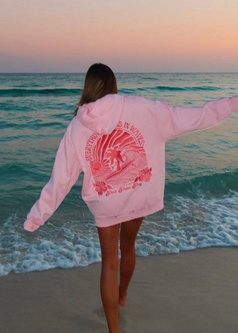 Pink Pink Palm Puff Everything Comes in Waves Women Hoodie | P-84936529