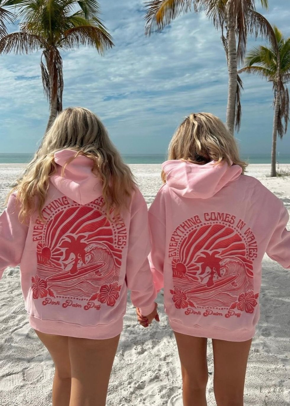 Pink Pink Palm Puff Everything Comes in Waves Women Hoodie | P-84936529