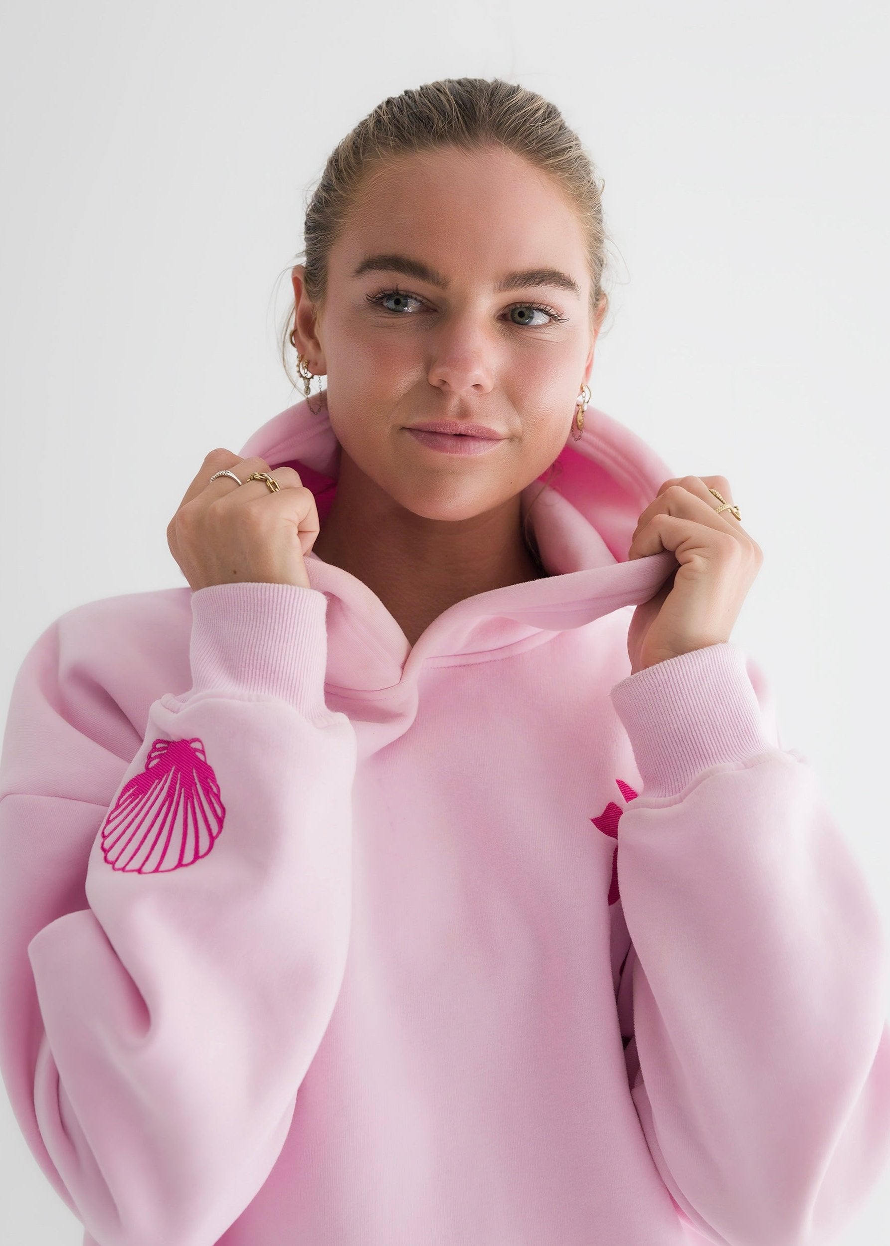 Rose Pink Palm Puff Hawaii Hibiscus Women Hoodie | P-03486959