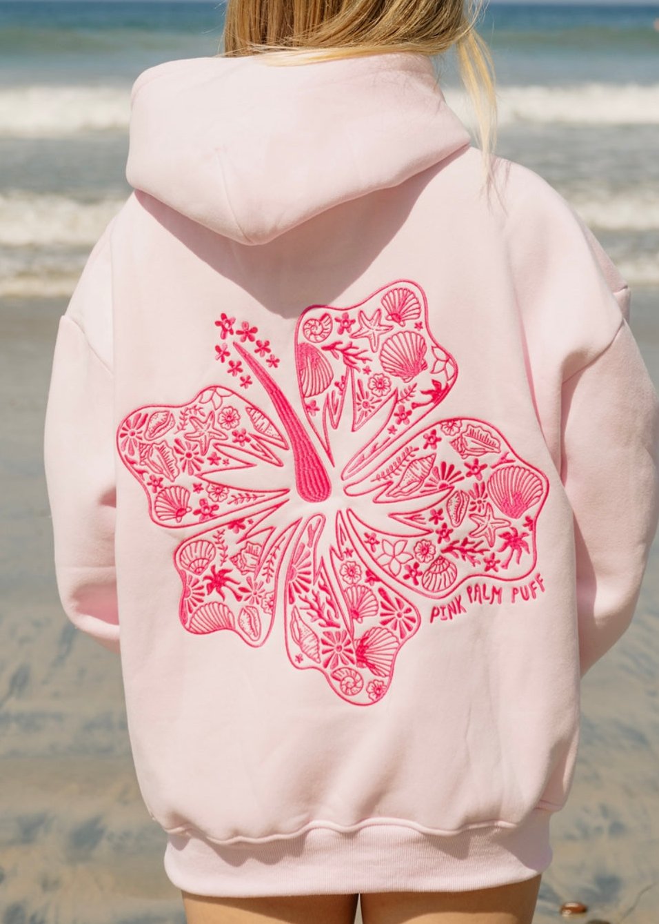 Rose Pink Palm Puff Hawaii Hibiscus Women Hoodie | P-03486959