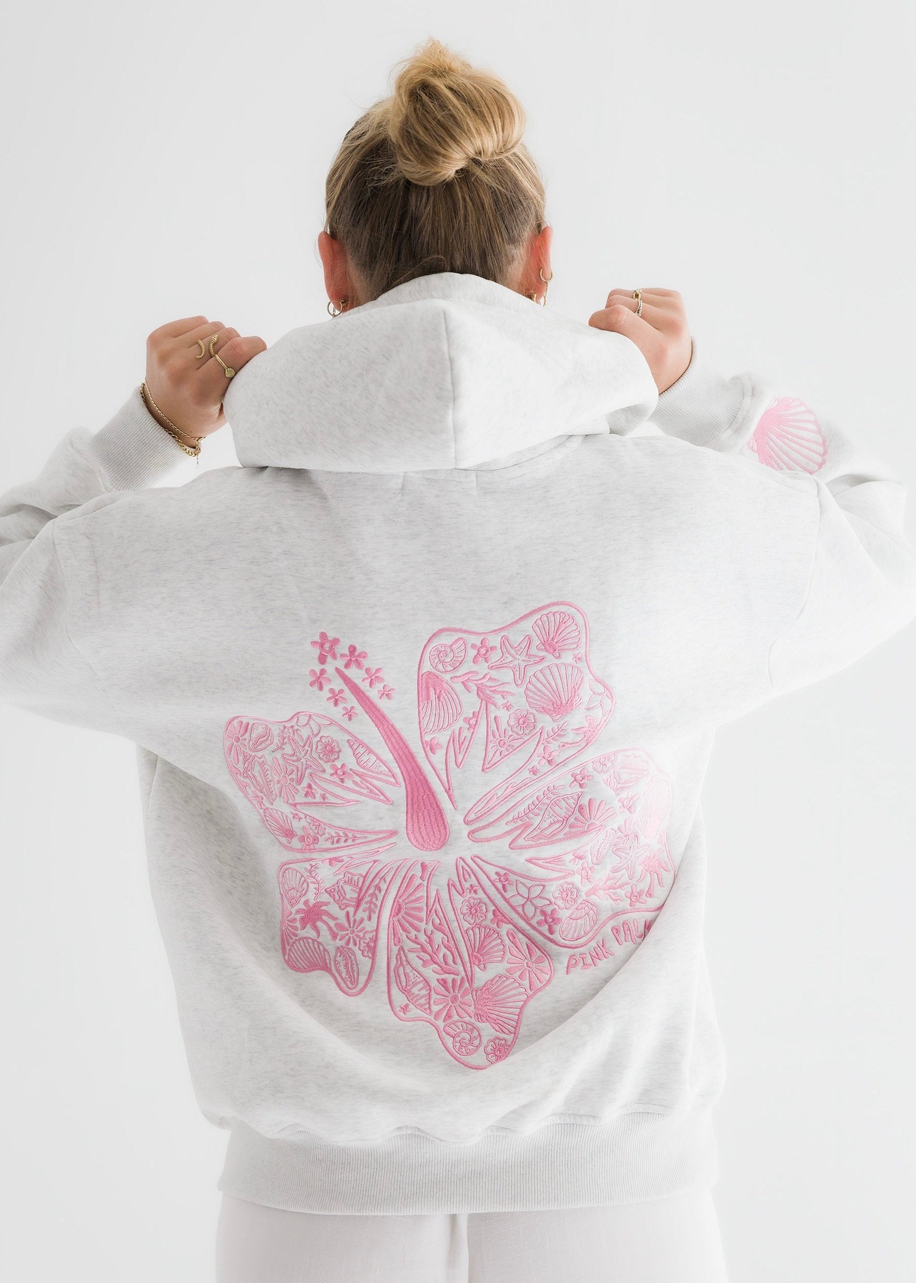 White Pink Palm Puff Hawaii Hibiscus Women Hoodie | P-90268419