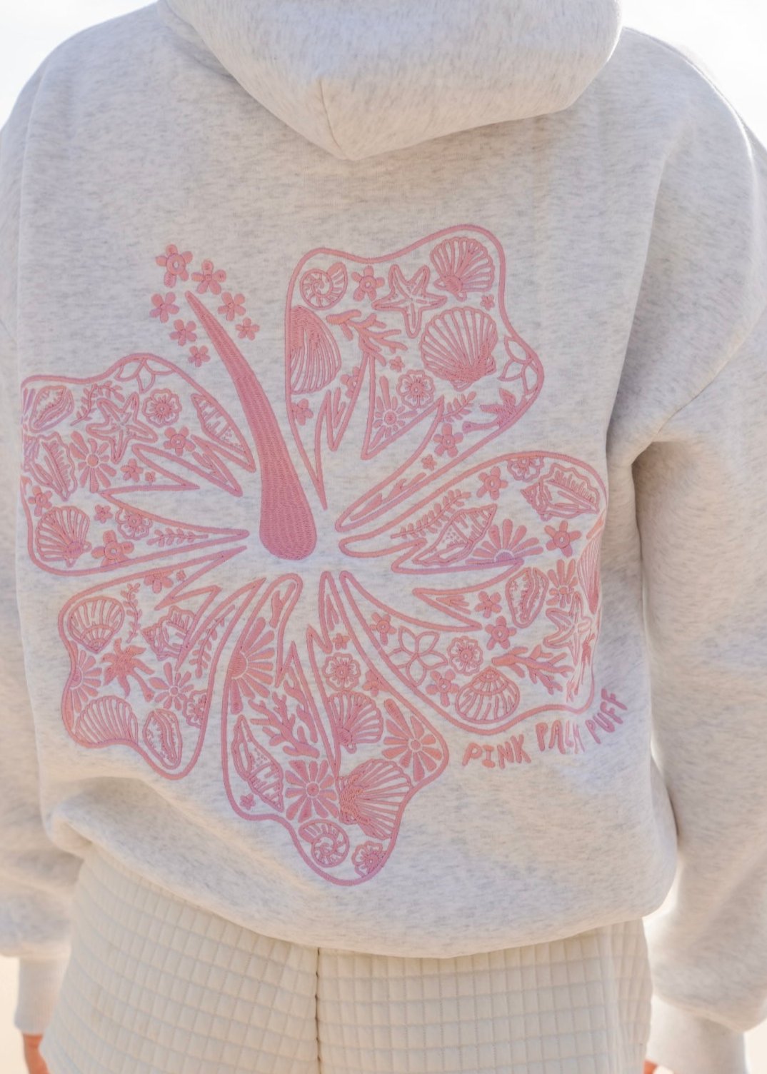 White Pink Palm Puff Hawaii Hibiscus Women Hoodie | P-90268419